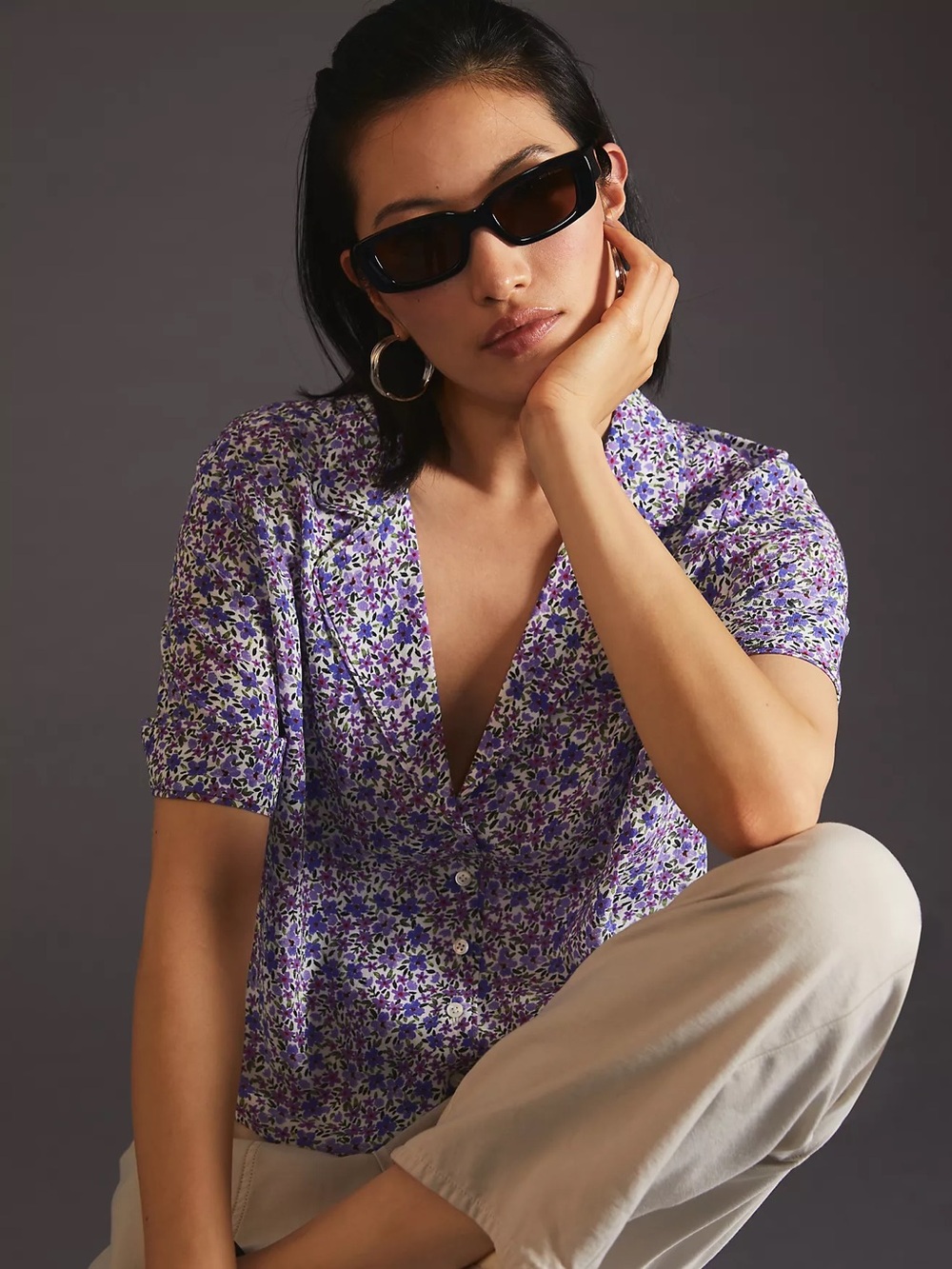 FAVORITE DAUGHTER Printed Floral Short Sleeve Savannah Collared Top Lavender Med